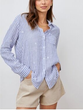 Rails Linen Blend Striped Embroidered Daisy Charli Button Down Shirt